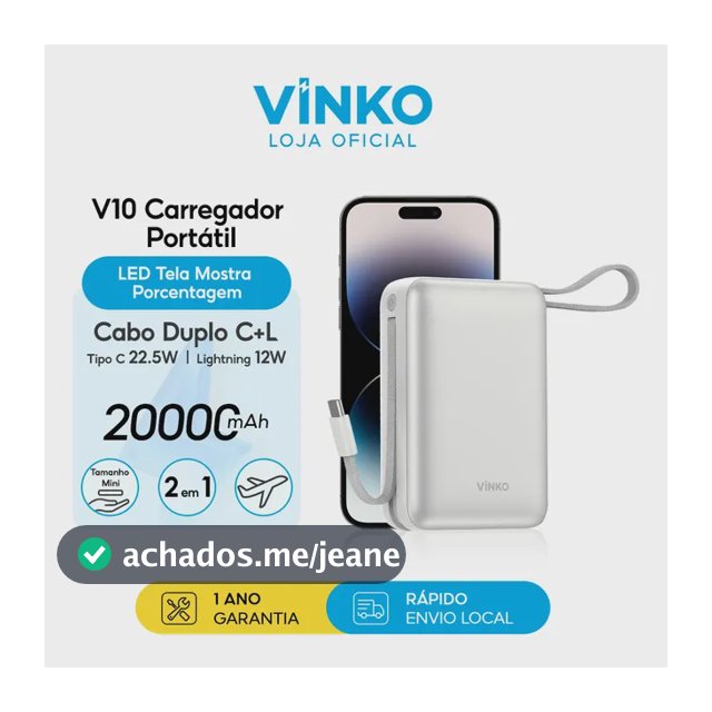 Vinko Power Bank 20000mah Turbo 22,5w Com 2 Cabos E Tela V10 Prateado