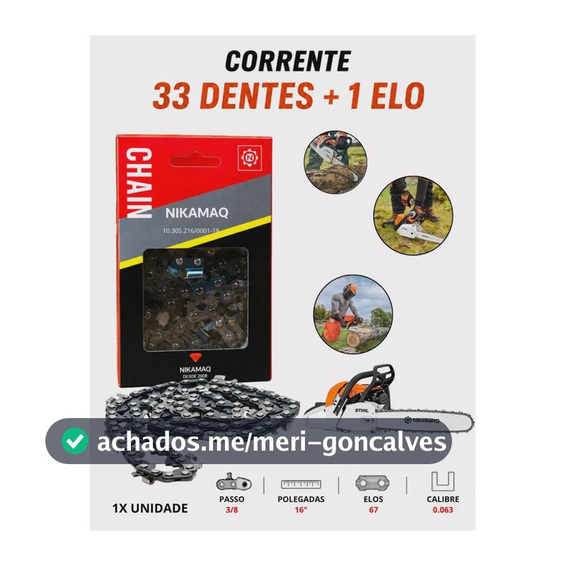 Corrente Para Motosserra Stihl Ms260 33 Dentes + 1 Elo Compatível Com Sabre Saibro 16" Polegadas Passo 325" Profissional Nikamaq