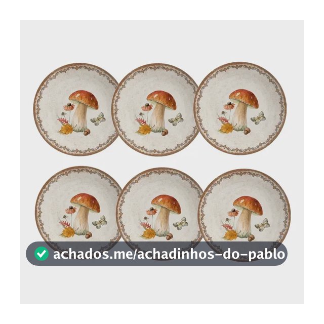 Jogo De Pratos Sobremesa Coup Bush - 21cm - 6 Pçs - Alleanza Creme Com Detalhes Marrom E Laranja Cogumelo