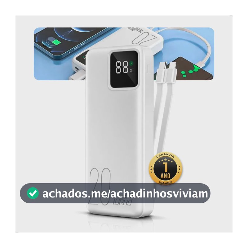 Carregador Portátil Power Bank 20.000mah Turbo Celular Carga Rápida 22.5w Premium Display Visor Grande Universal Usb-c Viagens Festa Para los E Android iPhone Samsung Motorola Xiaomi Branco Nixzen