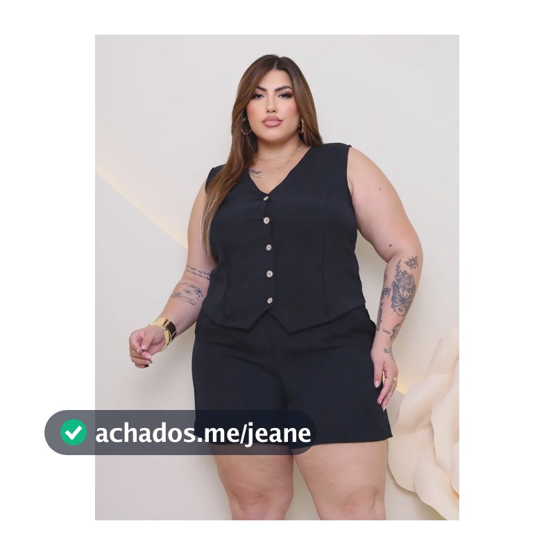 Conjunto Plus Size Colete E Shorts Alfaiataria Sofisticado Preto Plus