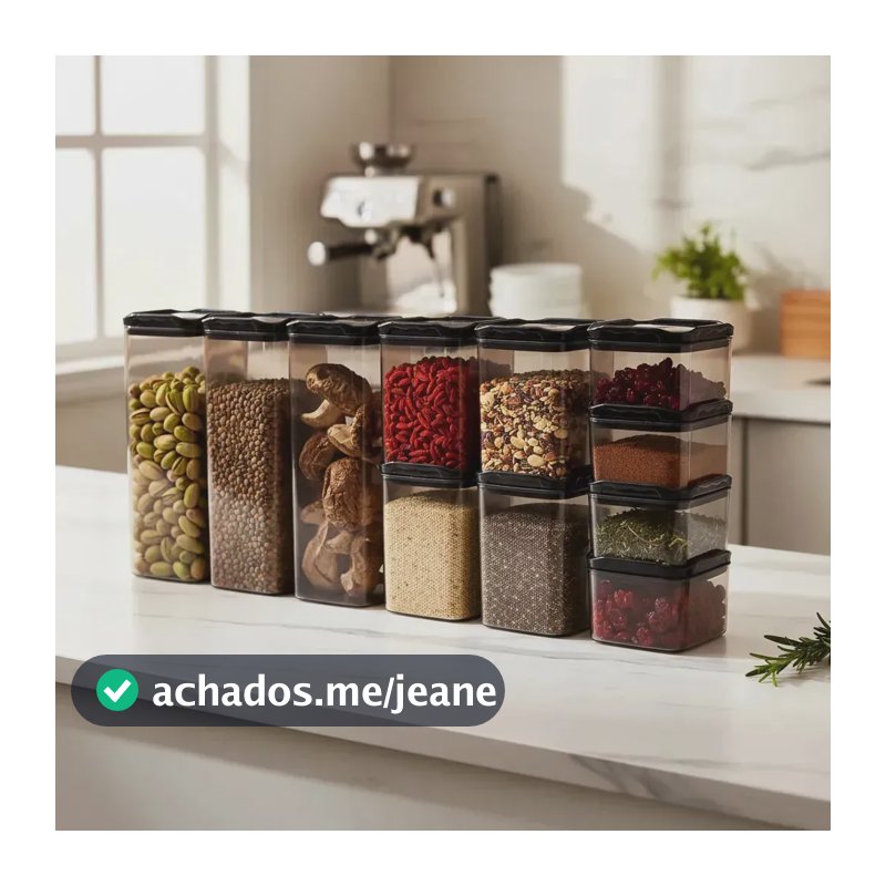 Kit 12 Potes Herméticos de Acrílico Black Premium Porta Mantimentos Empilháveis Aura Utilidades Organizadores para Cozinha Despensa Cereais Grãos Arroz Feijão Farinha Açúcar Café Massas Biscoitos Chá