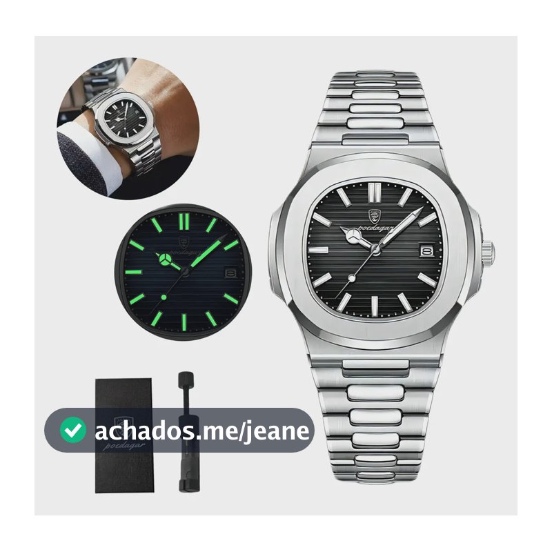 Relógio Luxo Masculino Poedagar Clássico Original Old Money Prateado Preto