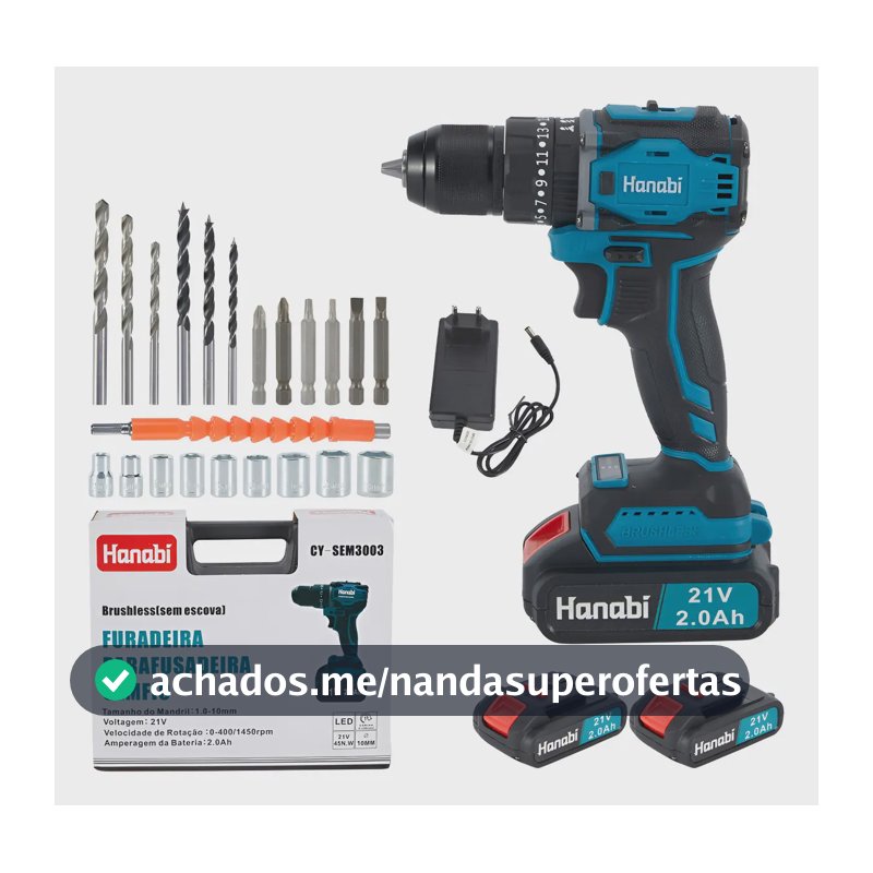 Parafusadeira Furadeira de Impacto Hanabi Brushless Sem Escova 45NM 25 níveis de ajuste 21v 2 Baterias Sem Fio Frequência 60hz 110v/220v (bivolt) Bateria Pardrao Makita