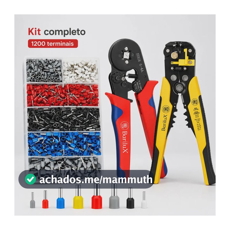 Alicate Crimpador + Descascador Fios + Box 1200 Ilhos Terminais Tubular Pino Mc4 Kit Barilux