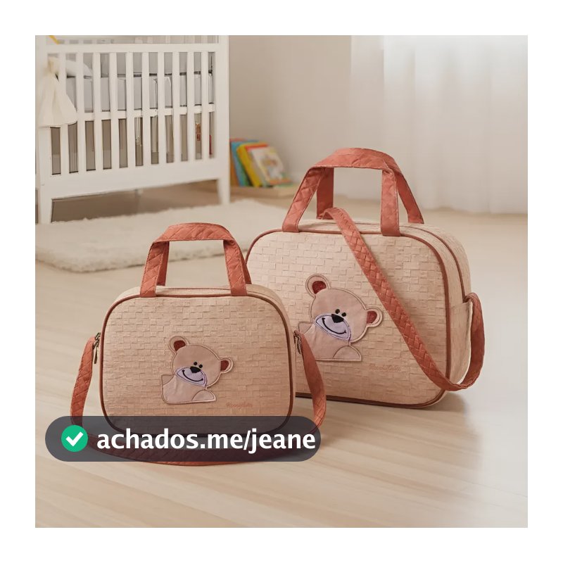 Kit Bolsa Maternidade 2 Peças Ursinho Coroa Impermeável Bebê Bege