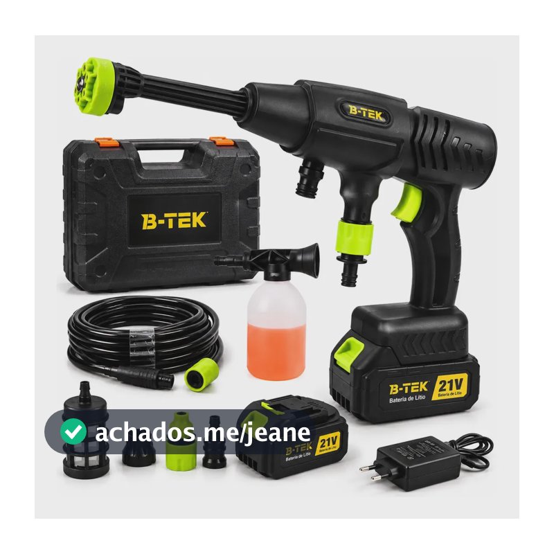 Lavadora Lava Jato Portátil Elétrica Sem Fio Alta Pressão 21V 1200 PSI 82bar B-Tek DZ-12 Recarregável Kit Completo 2 Baterias Bivolt Maleta Depósito Espuma Lavar Carro Moto Bicicleta