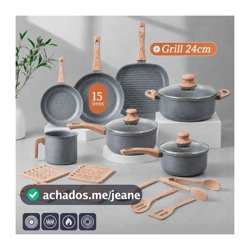 Jogo de Panelas Tuut Ecoglide com Grill de 24" Antiaderente Cerâmica para Indução e 15 Peças Granite