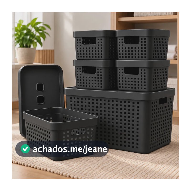 Kit 6 Caixas Organizadoras Com Tampa Invisivel 2l 4,5l 17l Cor Preto