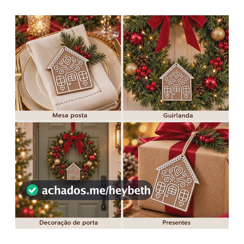 Kit 3 Enfeites Natalino Casinha Decoração Guirlanda Mesa Marrom-claro Casinha Gingerbread Natal Decoração