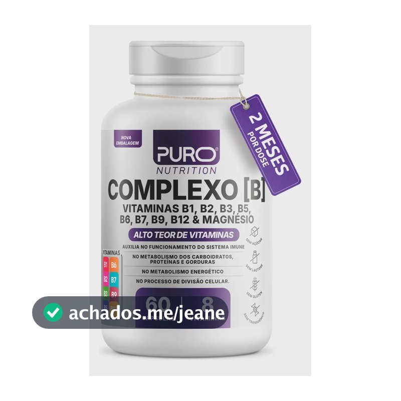Complexo B Puro Nutrition – Vitaminas B1, B2, B3, B5, B6, B9, B12 e Magnésio, 60 Cápsulas