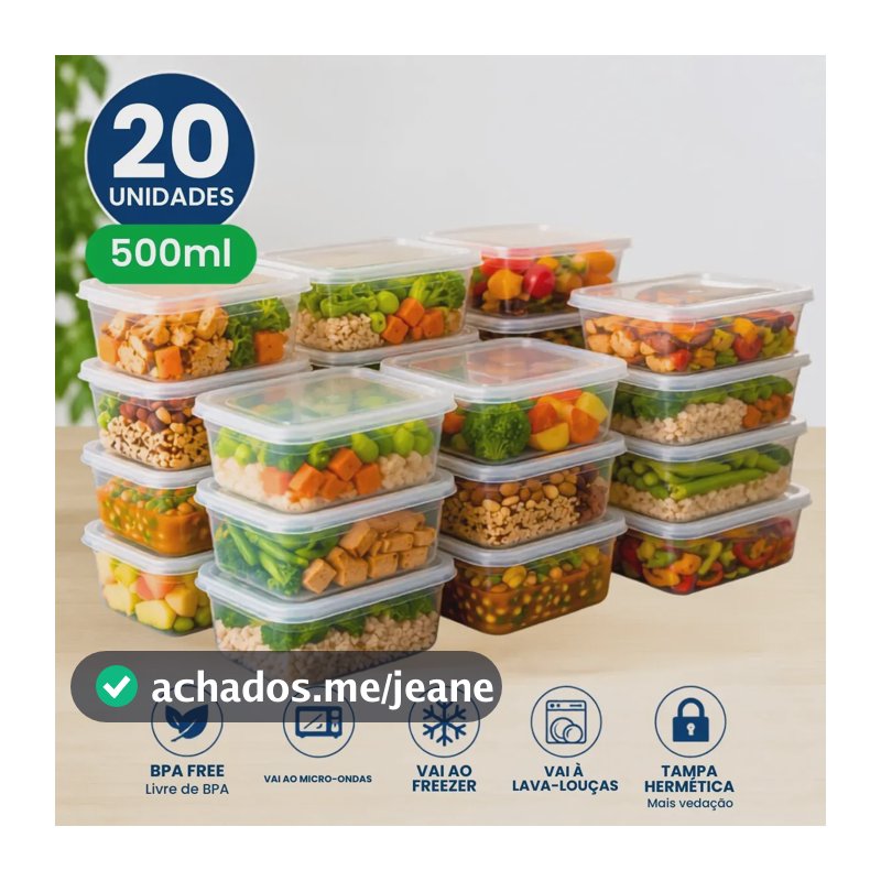 Kit com 20 Potes Plástico Hermético de 500 mL para Marmita Fitness