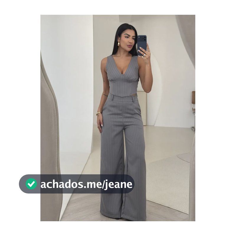 Conjunto Feminino Lívia Top E Calça Pantalona Risca De Giz Cinza G