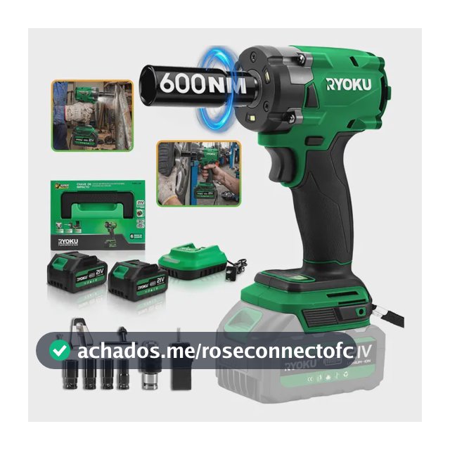 Chave De Impacto Brushless 21v 2 Baterias 600nm 1/2  Ryoku Verde 127/220v 50 Hz/60 Hz