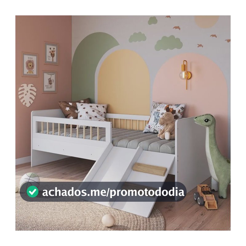 Cama Infantil Montessoriana de Solteiro Menino Menina 193cm com Escada, Escorregador e Grade de Proteção Branco