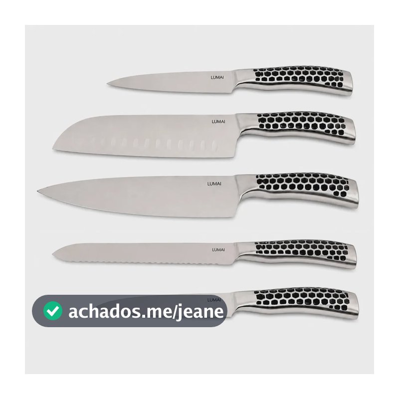 LUMAI Kit Jogo de Facas para Cozinha Zurich 5 Peças em Aço Inox Inteiriço - Cabo Texturizado em Colmeia Preto - Tratamento Térmico Adequado - Conjunto Completo para Cozinhar - Faca do Chef sem Gavião