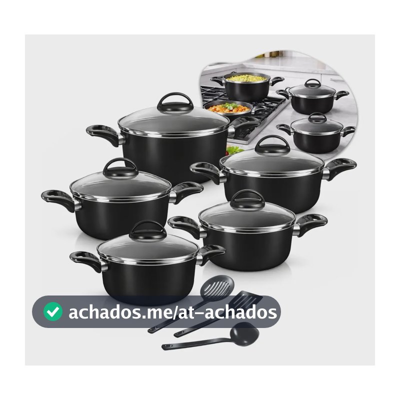 Conjunto De Panelas Caçarolas 5 Peças Antiaderente Com 3 Utensilios E Tampa De Vidro Preto