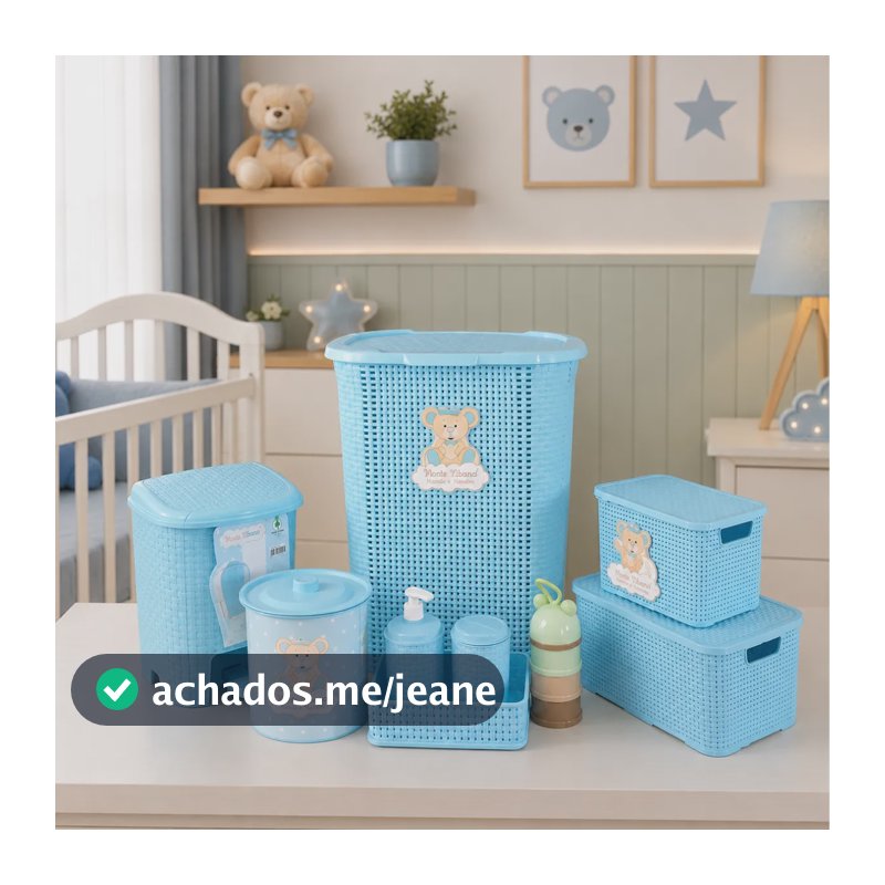 Kit Organizador Completo Azul Rattan Com Porta Leite Em Pó Azul