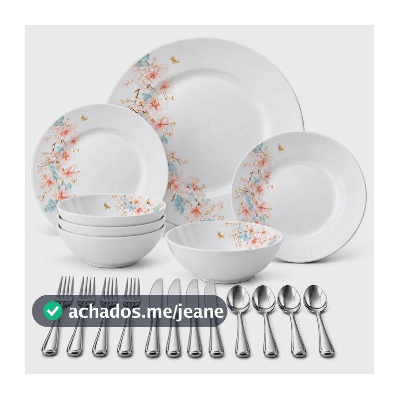 Aparelho de Jantar Florido de Opalina c/ Talheres de Inox e Taças – 28 Peças para 4 Pessoas