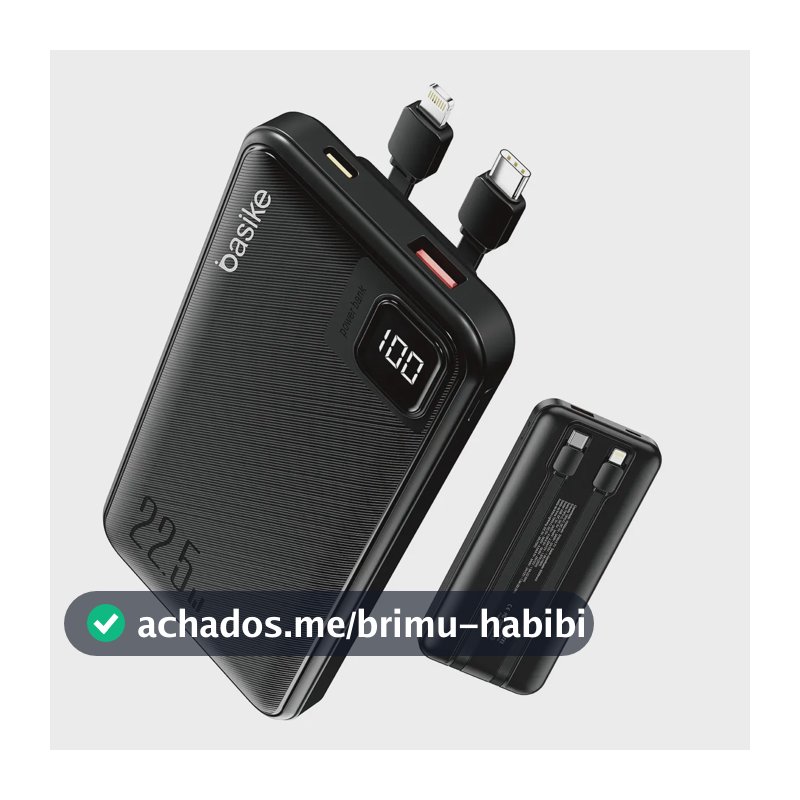 Power Bank Basike 10000mAh Preto, Carga Rápida 22.5W para iPhone e Samsung, Com Cabos Embutidos e Display