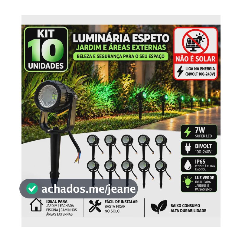 Kit 10 Luminária Espeto Jardim Super Led 7w Ip65 Prova Dágua 127/220v Preto /refletor Espeto Jardim Super Led Verde 7w Prova Dágua Verde