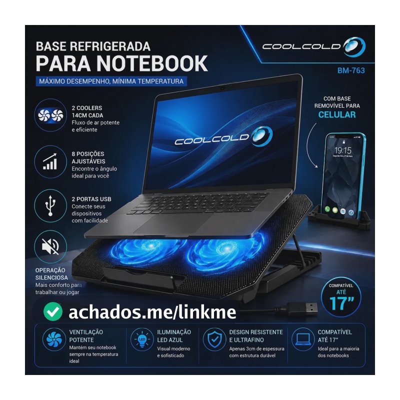Suporte Notebook Coolcold Com 2 Cooler Ventoinhas Base Mesa Led Refrigerada Ventilação Silenciosa Cor Preto Led Azul Laptop Notebook Até 17 Polegadas