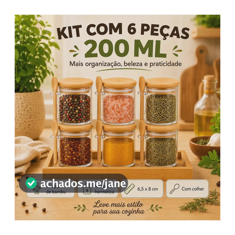 Kit 6 Potes Vidro Porta Tempero Hermético C/ Tampa Bambu Pote-200ml/com Colher