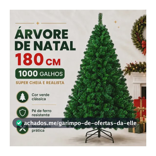 Árvore de Natal Verde Premium 180 cm com 1000 Galhos Cheios e Pé de Ferro Atelier Enovelada