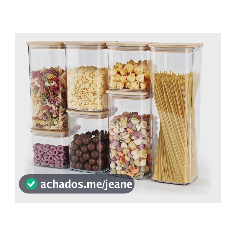 Kit 7 Potes Tampa Bambu Herméticos Para Grãos E Massas Transparente