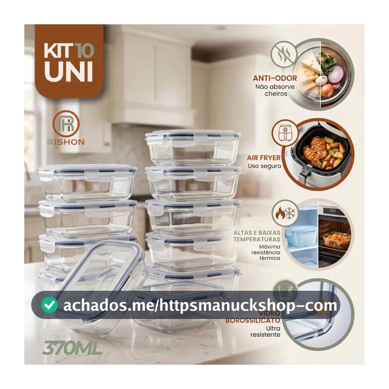 Kit 10 Pote De Vidro Marmita Hermético 370ml Freezer Fitness Rishon