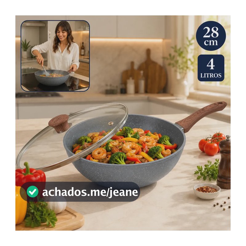 Frigideira Grande Wok Cerâmica Antiaderente 28 cm, Com Tampa de Vidro, Para Indução e Gás
