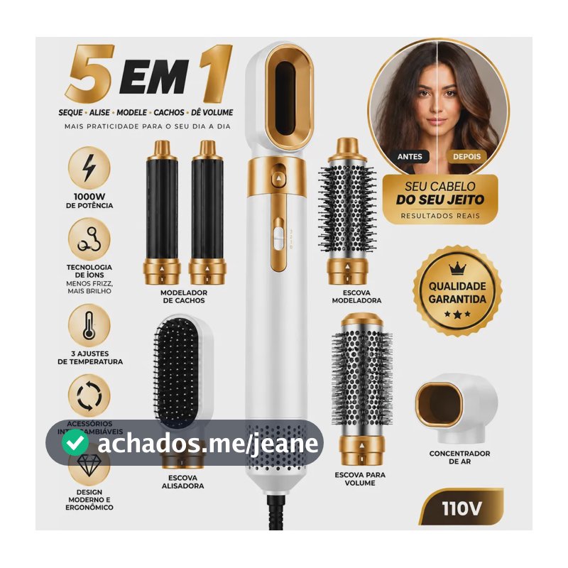 Escova Secadora 5 Em 1 Modeladora Alisadora 1000w 110v Gold Branco/dourado