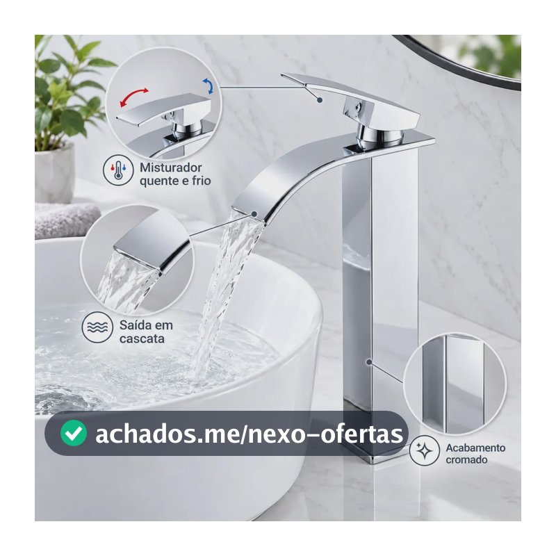 Torneira Monocomando para Cuba de Apoio Inox Cromada Bica Alta Cascata Água Quente e Fria