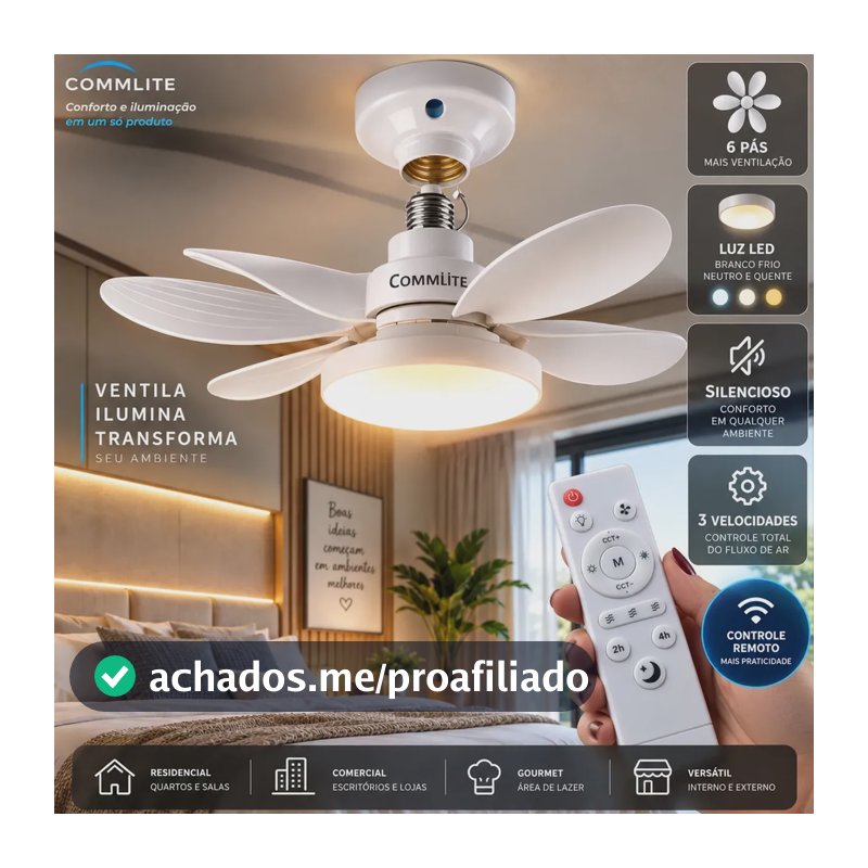 Ventilador de Teto 60W Silencioso Lâmpada Forte com LED, Controle e 6 Pás Soquete E27 Para Residencial Comercial Interno Externo Quarto Sala Cozinha Escritório Gourmet Apartamento Casa - Commlite