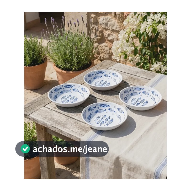 Pratos Fundos De Melamina Com 4 Unidades Mesa Posta Cozinha Azul E Branco Peixes