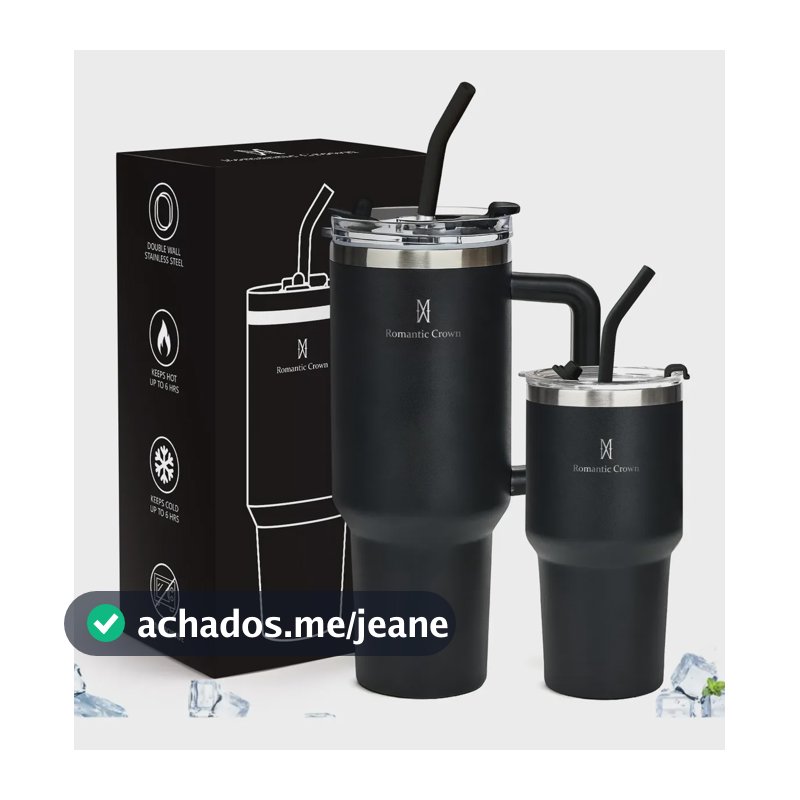 Kit Copo Térmica Inox 1200ml & 600ml Com Tampa E Inox Canudo Preto Cor Pura