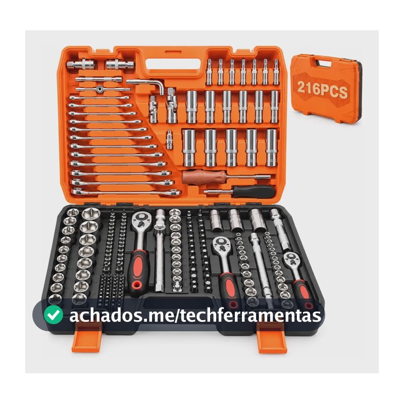 Kit Jogo Soquete Chave Catraca 216 Pecas Aço Crv Com Maleta Laranja