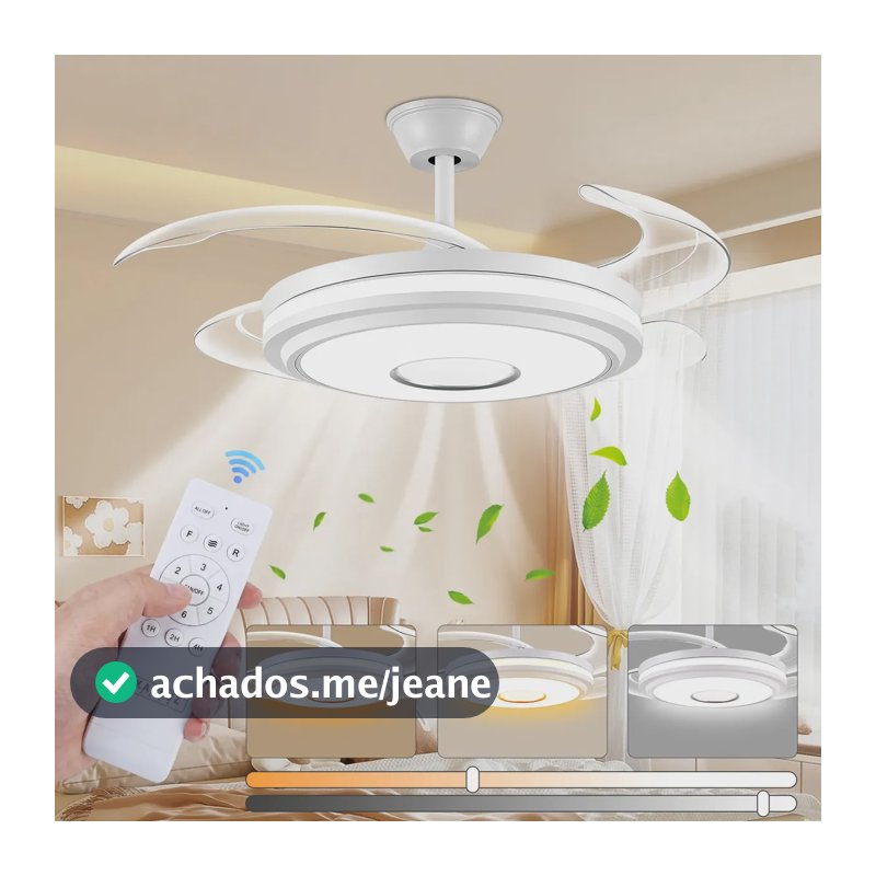 Ventilador De Teto Antuvi 42 Polegadas com Luz LED e Controle Remoto,Silencioso,4 Pás Metálicos Retráteis, Para Quarto, Uso Interno/externo,Intensidade