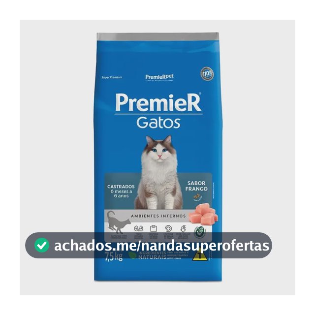 Ração Premier Gato Castrado Ambientes Internos Frango 7,5kg