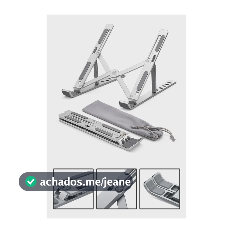 Suporte Para Notebook e Macbook de Alumínio Dobrável Prateado Ajuste de Altura e Inclinação Confortáve Base Antiderrapante Portátil Articulado Reforçado Ergonomico Universal Para 14 a 20 Polegadas