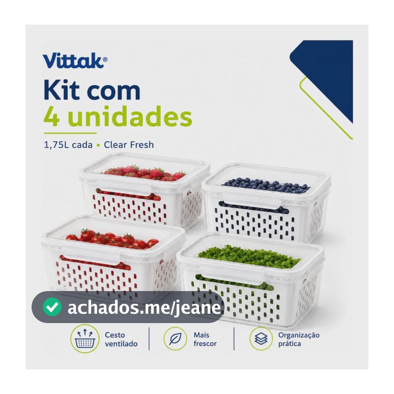 Vittak Kit 4 Organizadores De Geladeira 1,75l Porta Legumes Frutas Verduras Clear Fresh
