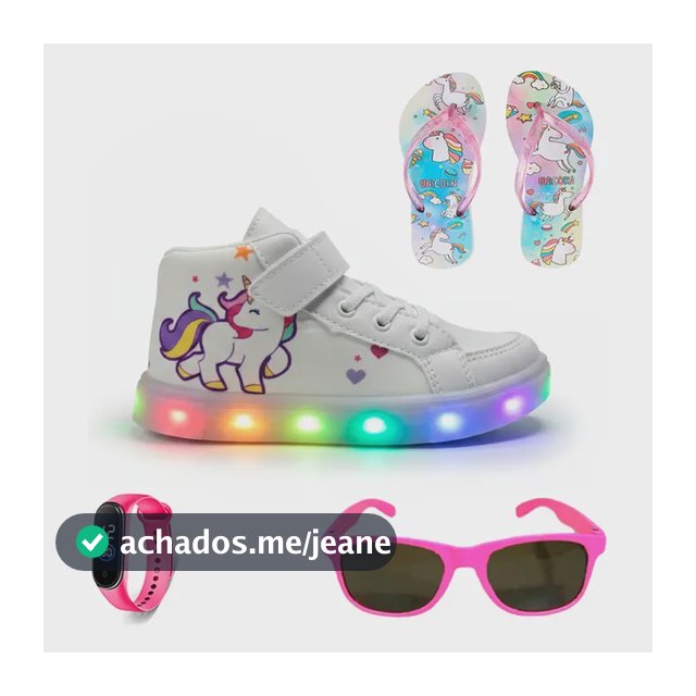 Tênis Infantil De Led Unicórnio + Chinelo Oculos Relogio