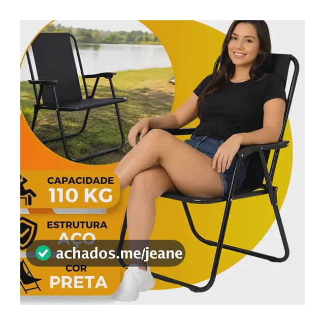 Cadeira De Praia Camping Dobrável Alta  110kg Aço Portátil Preto