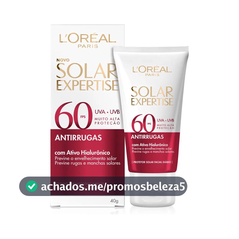 Protetor Solar Facial FPS 60 com Ativo Hialurônico que Previne Rugas, Manchas Solares, Hidrata e Tem Toque Seco, sem Perfume, Solar Expertise Antirrugas L'Oréal Paris 40g