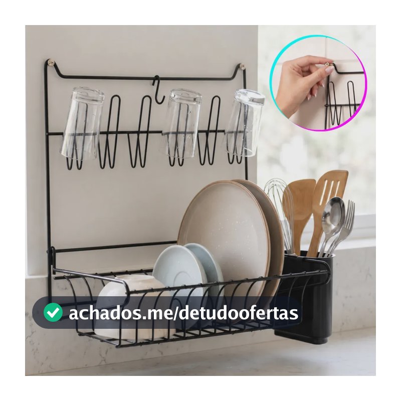 Escorredor Suspenso De Louças Pratos Parede Dobrável Preto Aço Com Suporte Pia Porta Copos Talheres Compacto Organizador Sólar