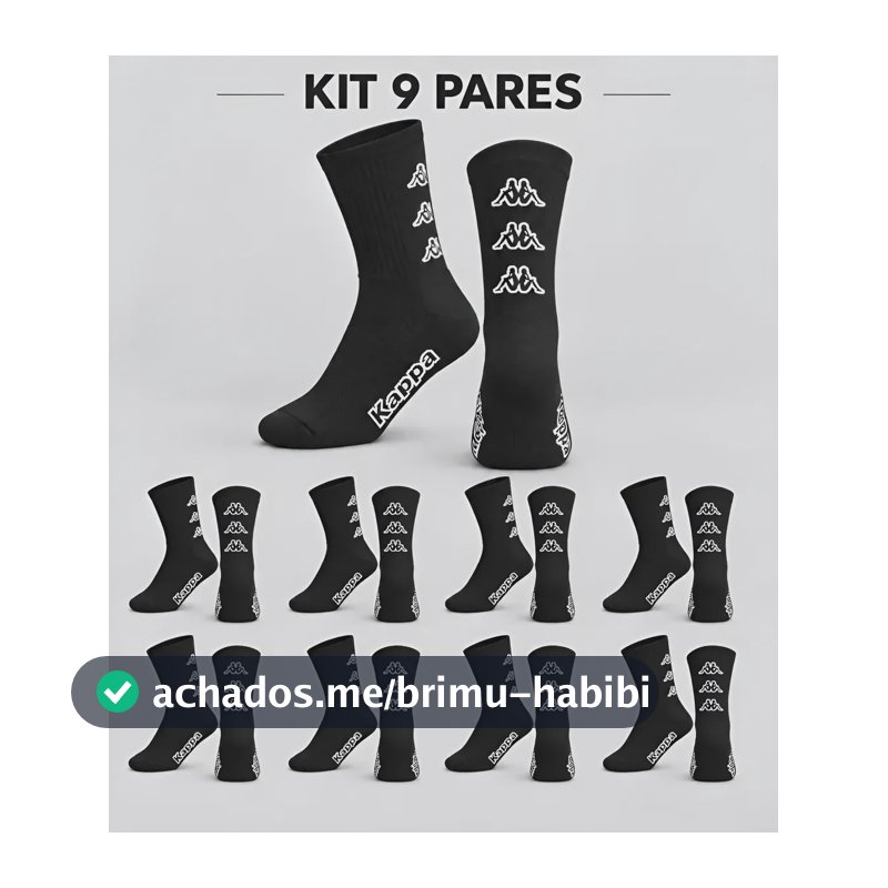 Kit 9 Pares Meias Kappa Algodão Cano Médio Conforto Original Preto 34-38