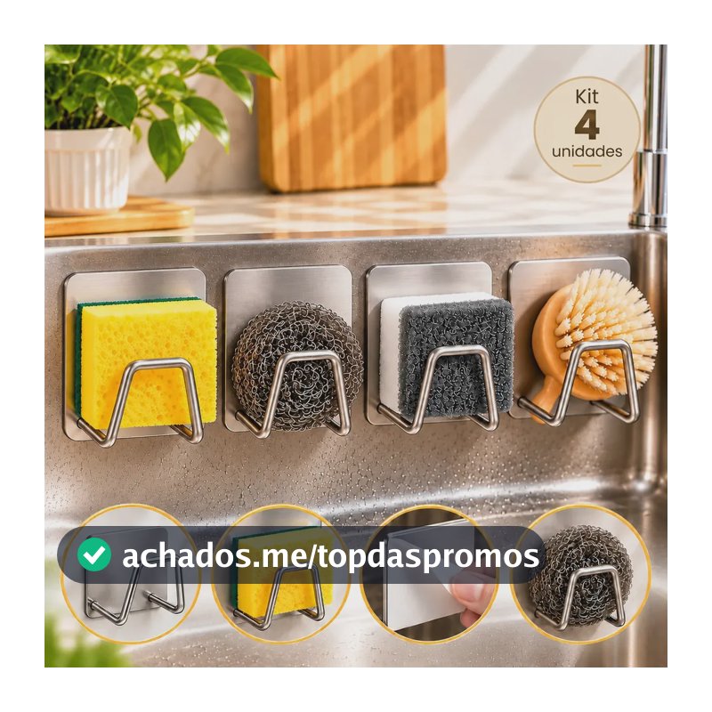 Kit 4 Suporte Esponja Bucha Porta Esponja Pia Cozinha Inox Organizador Louça Adesivo Sem Furo Gancho Aço Inox Suporte Para Pia Prateado