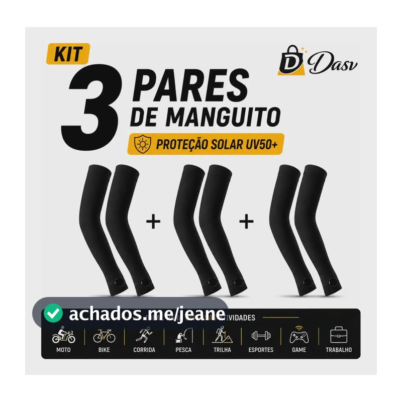 Conjunto Kit 3 Pares Manguito Proteção Solar Moto Manga Bike Motocicleta Braço Esporte Futebol Volei Pesca Trilha Dasv