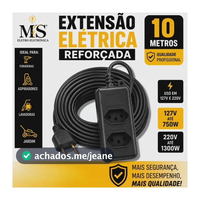 Extensão Elétrica Reforçada 10 Metros 10/20a Obra Profissional Tomada Em Barra MS Eletro Eletrônica