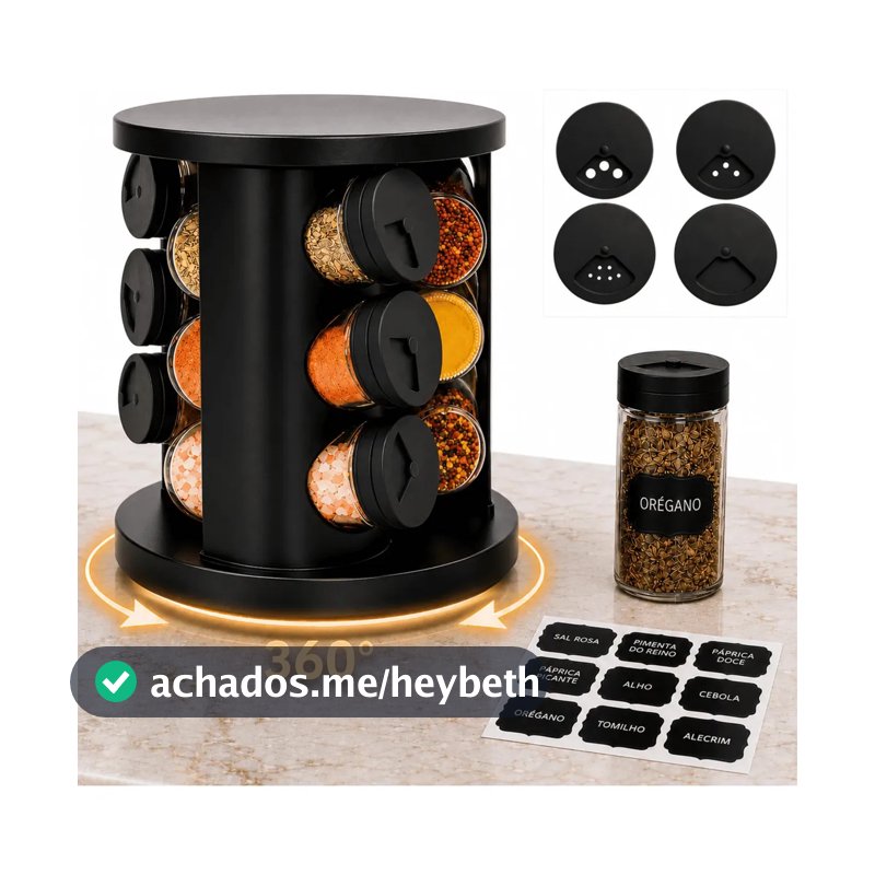 Porta Temperos Condimentos 9 Potes De Vidro Base Giratória 360° 9 Etiquetas Adesiva Organizador Cozinha Dosador Suporte Bancada Mesa Orégano Sal Páprica Pimenta Indue Variedades